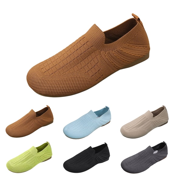 IEMIEMIEM Women's Mesh Flats Shoes Breathable Non Slip Slip on Knit Shoes Casual Dressy Flats Comfortable Walking Shoes Coffee 8.5 Wide
