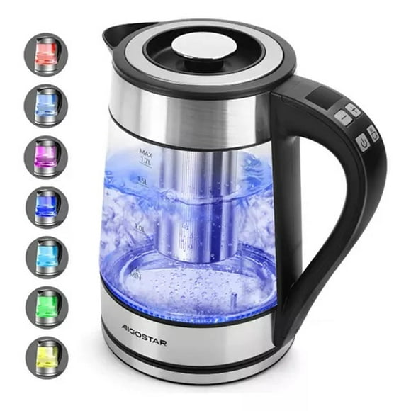 Aigostar Tetera Eléctrica, Hervidor de agua, vidrio de borosilicato con infusor de té, controlar la temperatura, 1.7L, 1200 W, función mantener caliente, iluminación LED, libre de BPA.