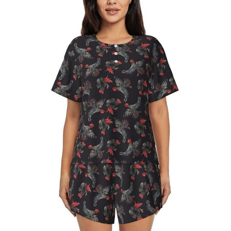 Coaee Black Roosters for Women s 2 Piece Pajama Sets Ladies Pjs Sets with Pockets-X-Large