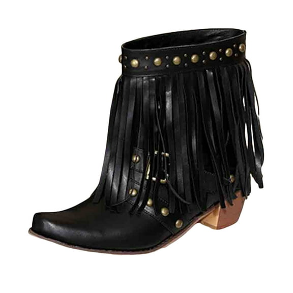 Mostsola Cowboy Boots for Women Vintage Fringe Pull on Country Concert Dress Ankle Booties
