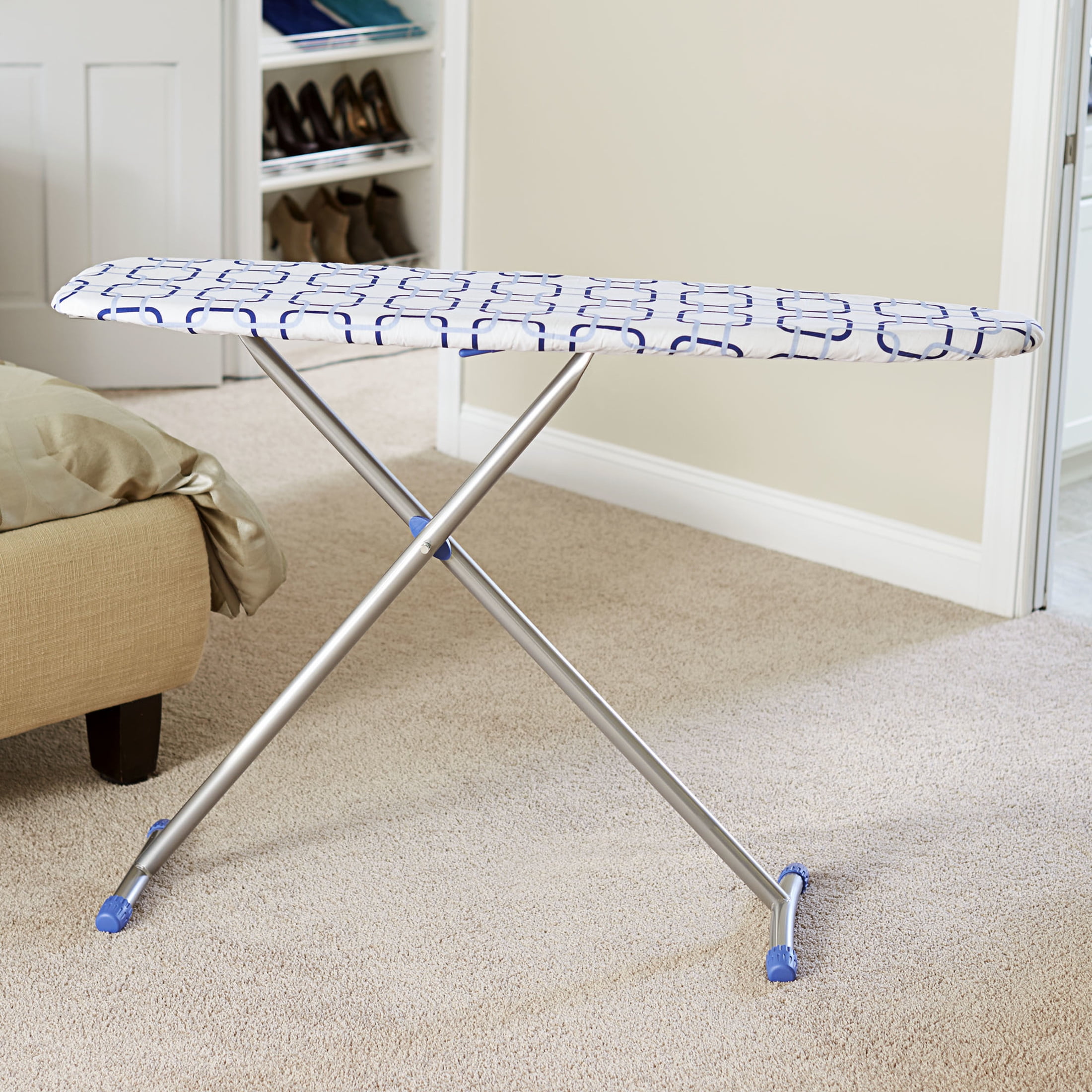 Household Essentials Arched T-Leg Ironing Board, Steel Top and Strong Metal Frame, Heat-Resistant Cotton Cover with Fiber Padding, Silver Frame, Blue Geometric Pattern with Matching Feet