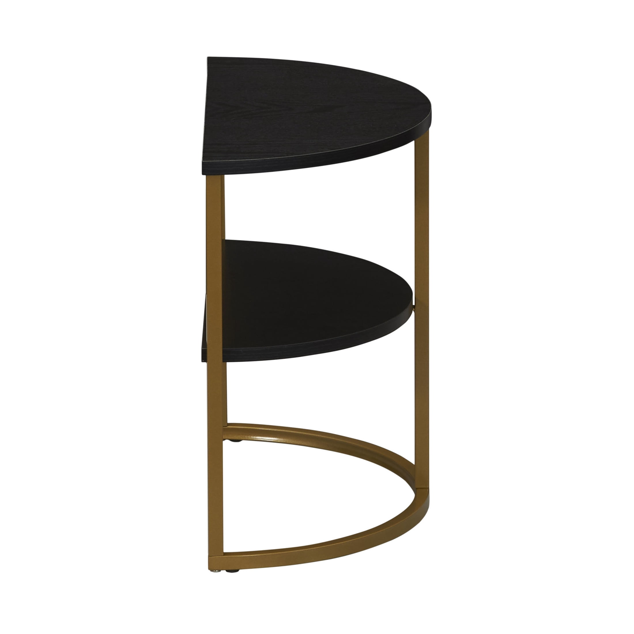 Household Essentials Half Moon Side End Table with Storage Shelf Black Oak Wood Grain and Gold Metal