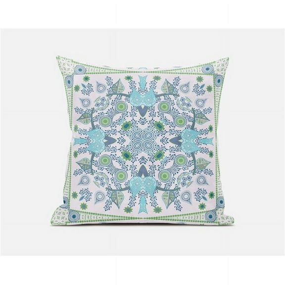 Amrita Sen Designs 16 x 16 in. Paisley Leaf Geo Broadcloth Indoor & Outdoor Zippered Pillow - White, Light Blue & Green