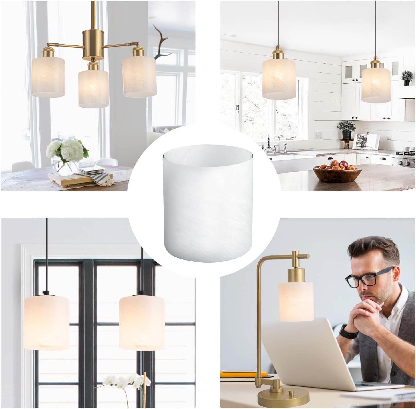1 Pack Alabaster White Glass Lamp Shade, Cylinder Glass Lamp Shade Replacement with 1-5/8-inch Fitter Opening for Pendant light, Desk lamp,Wall Sconces and Bathroom Vanity lights