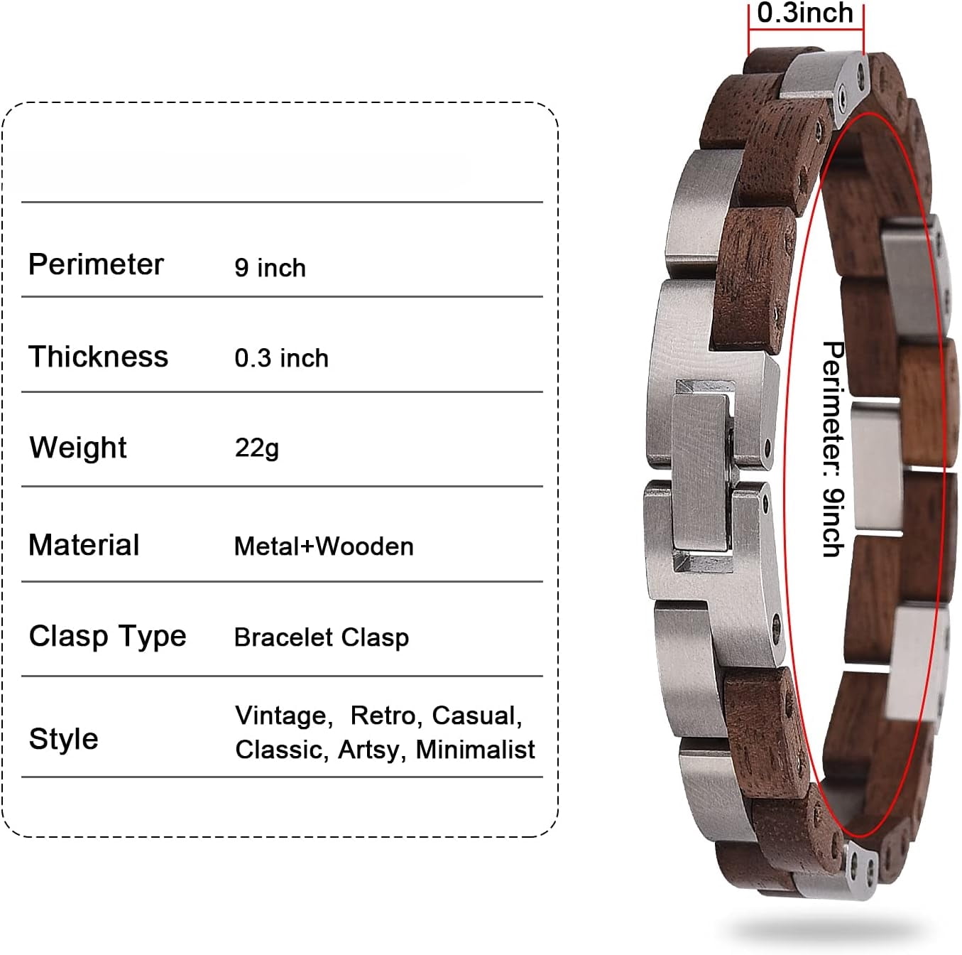 Wollet Wooden Bracelet for Men Stainless Steel Wood Jewelry Great Gift for Men,7.4 inches