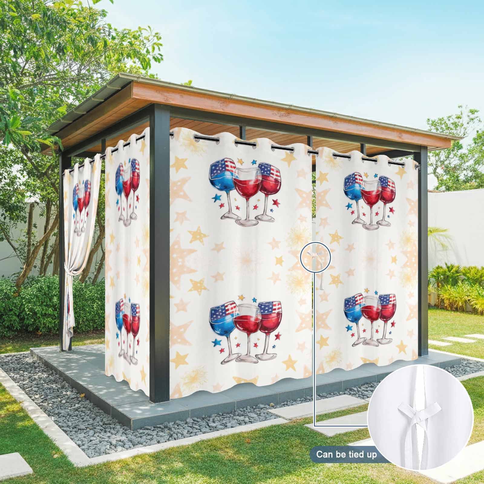 Independence Day Wine Outdoor Curtains for Patio, American Flag Red Blue Star Yellow Firework Sunshade Privacy Drapes Grommet Waterproof Outside Curtains for Porch/Cabana/Balcony 54"x 108", 1 Panel