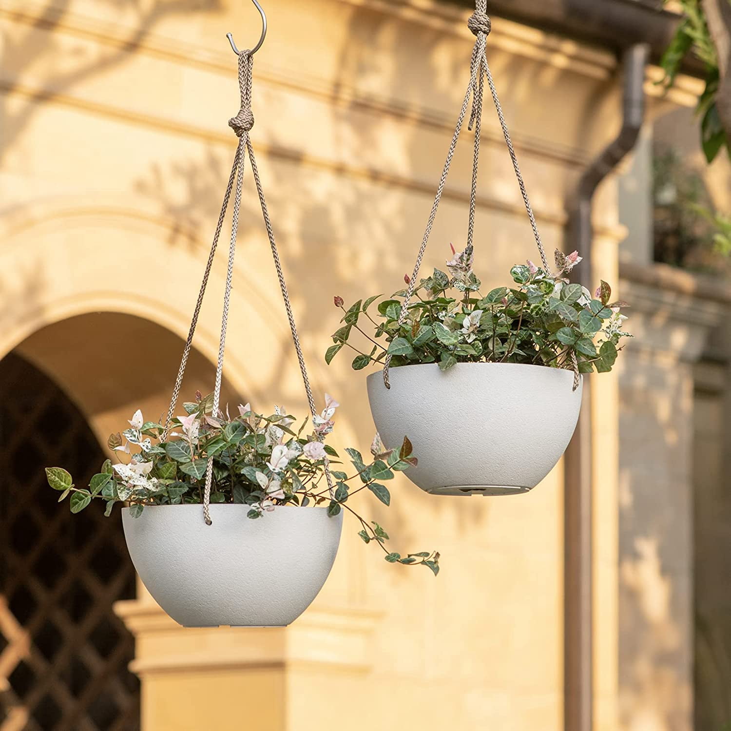 White Hanging Planter Basket - 8 Inch Indoor Outdoor Flower Pots, Plant Containers W/Drainage Hole, Pot for Plants, Pack 2