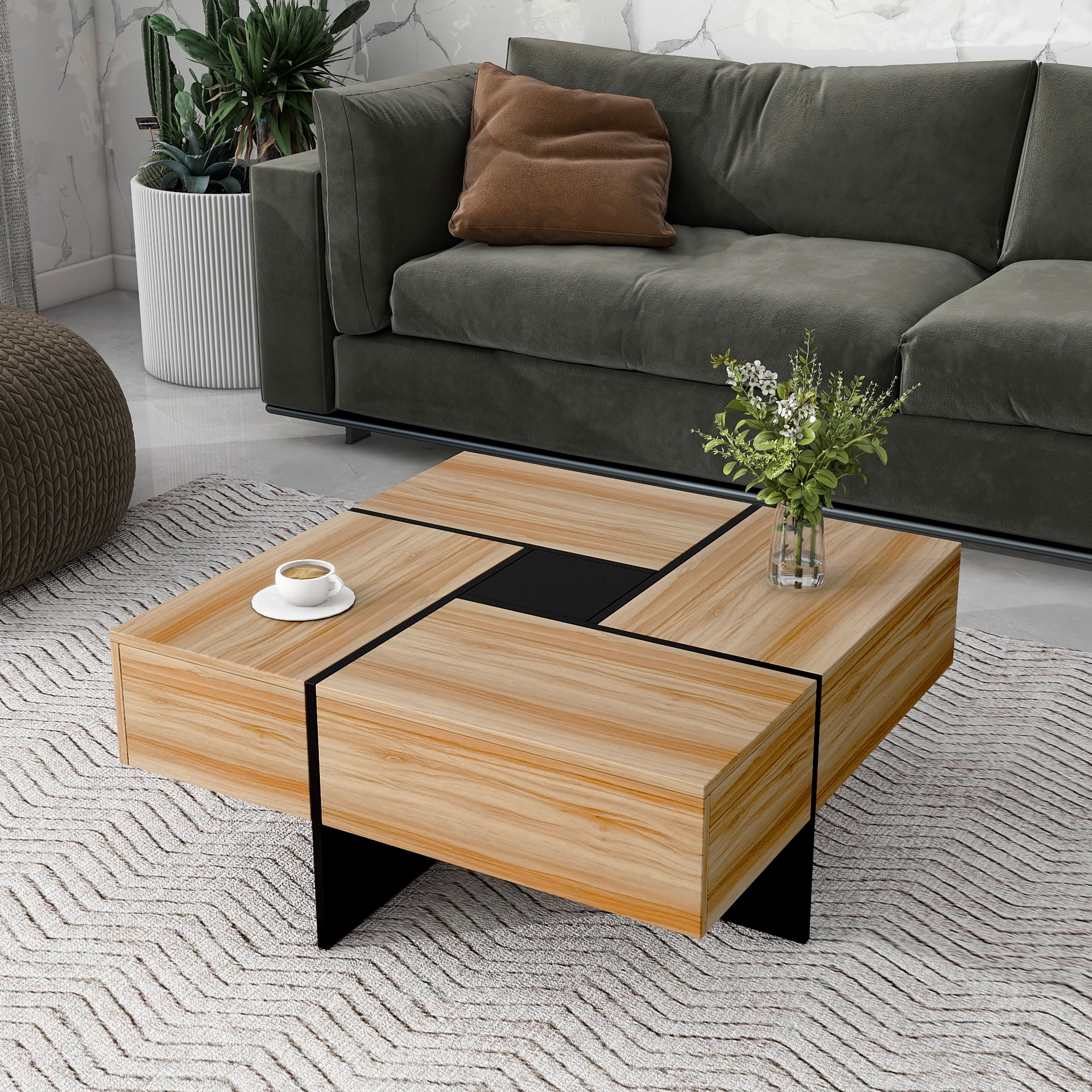 MAYEERTY Unique Design Coffee Table with 4 Hidden Storage Compartments, Square Cocktail Table with Extendable Sliding Tabletop, UV High-Gloss Center Table for Living Room, 31.5"x 31.5",Brown