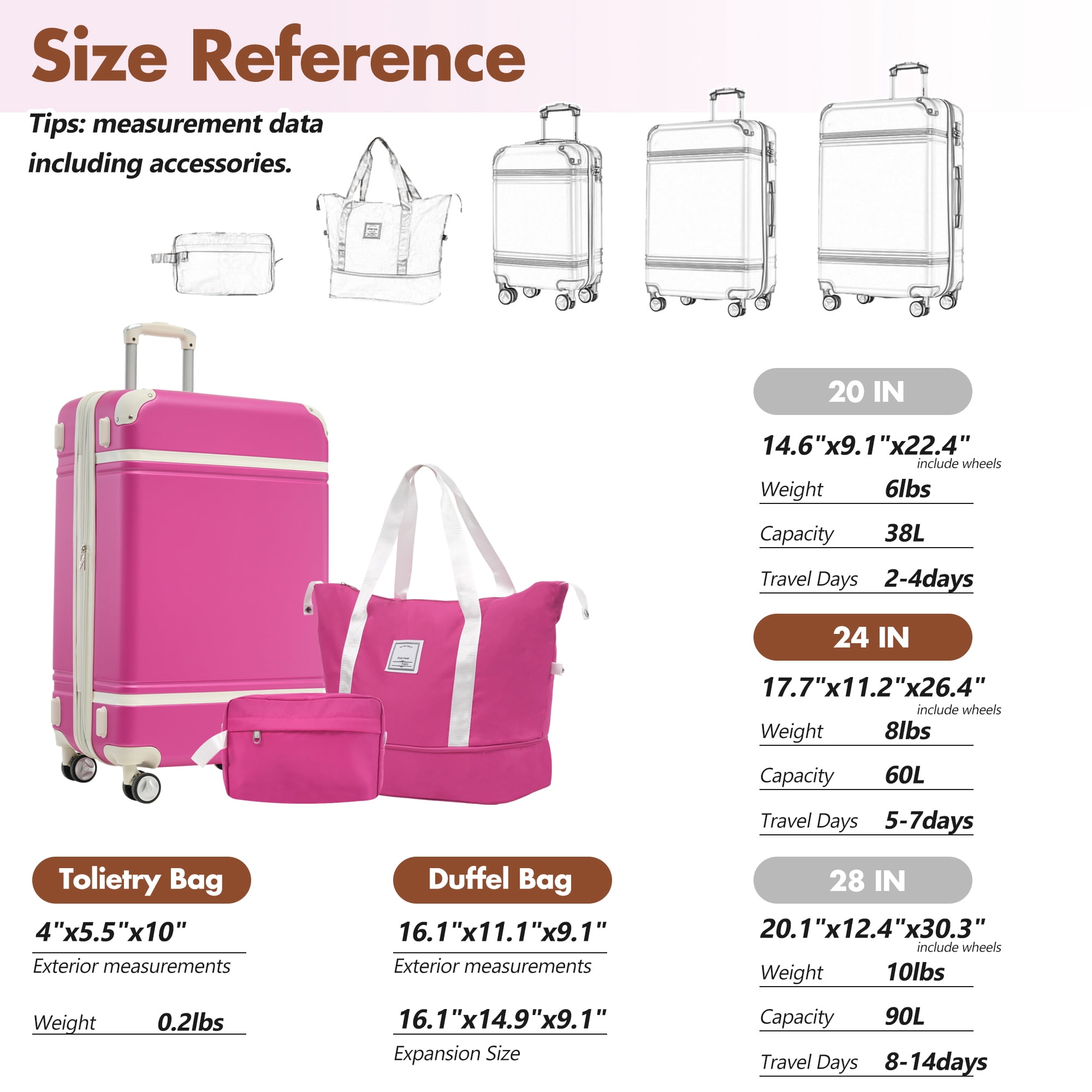 Hardshell Luggage Sets with Bags Lightweight Suitcase Double Spinner Wheels with TSA Lock ,Single Vintage Luggage 24 IN,Pink