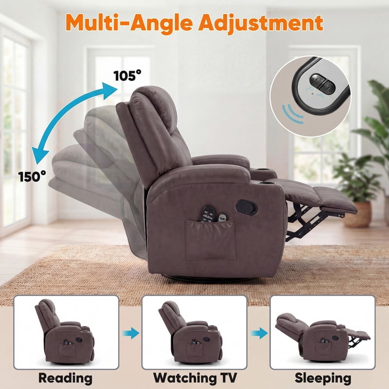 Vineego Massage Swivel Rocker Recliner with PU Leather Fabric Small Spaces Lounge Chair with Two Cup Holder for Bed Room,PU Brown