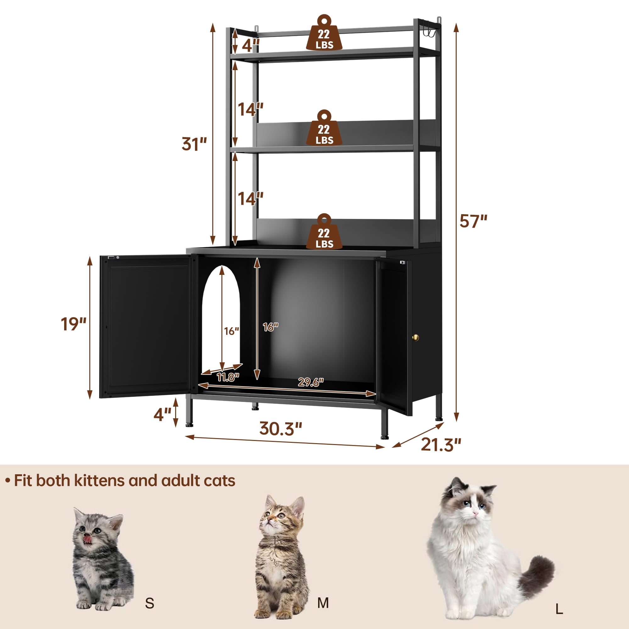 57" Tall Black Metal Cat Litter Box Enclosure, Hidden Litter Box Cabinet with 3-Tier Shelves, Doors & 4 S-Hooks, Odor Control Pet House for Large Cats