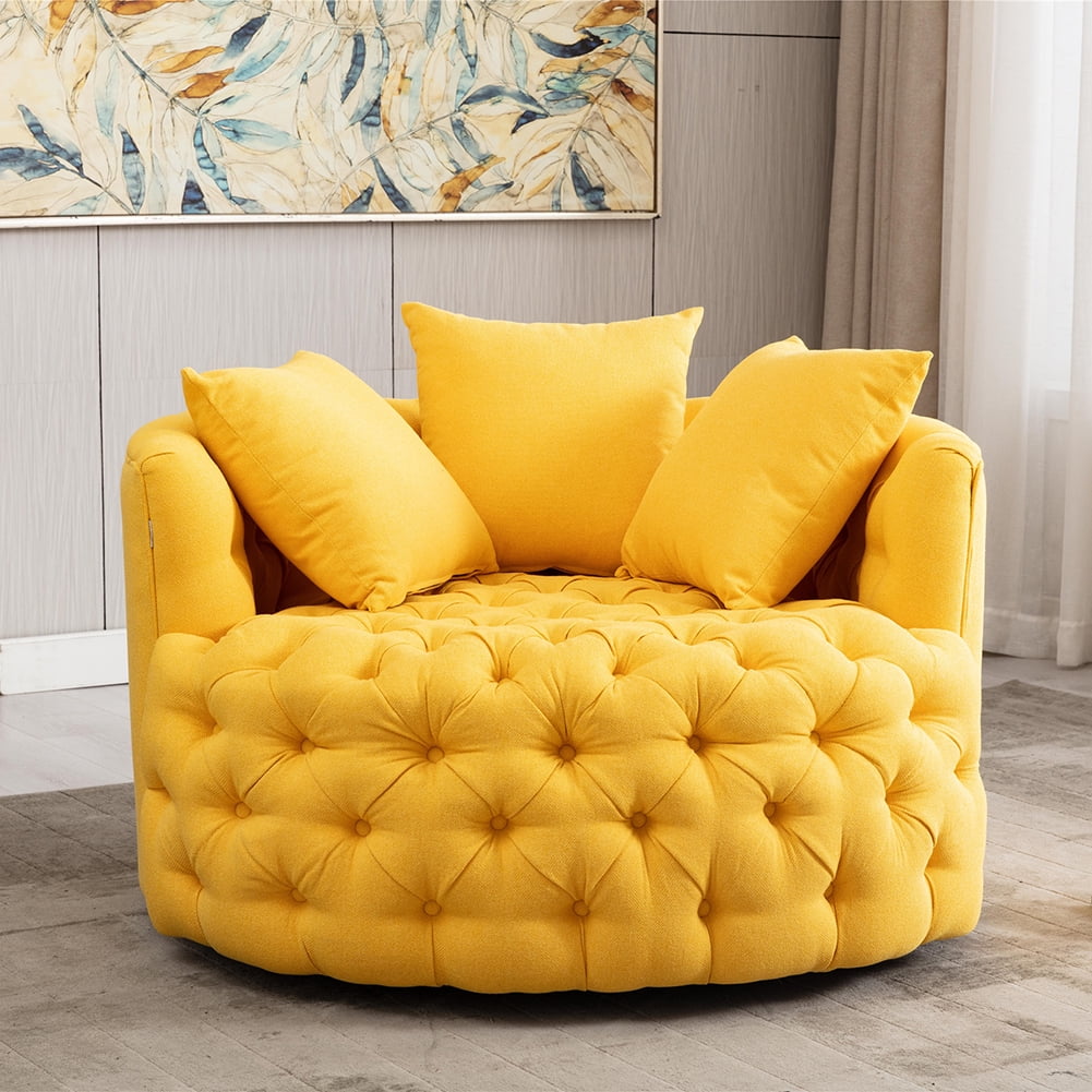 Kepooman Modern Akili Swivel Accent Chair for Hotel Living Room, Leisure Upholstered Half-Moon Metal Shaped Base Shell Chairs, Yellow Kepooman Modern Akili Swivel Accent Chair for Hotel Living Room, Leisure Upholstered Half-Moon Metal Shaped Base Shell Chairs, Yellow