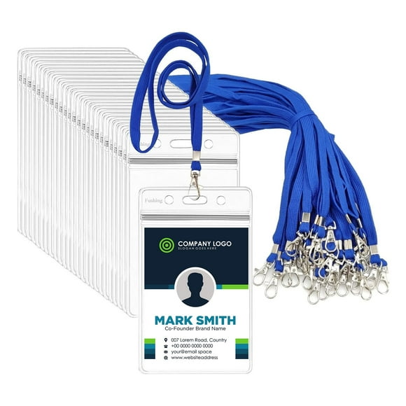 Fushing Lot de 50 Étiquettes de Nom Verticales en Plastique Transparent Porte-Badge Carte d'Identité et Lanières Col Bleu avec Crochet Pivotant pour École, Festival, Événement (L)
