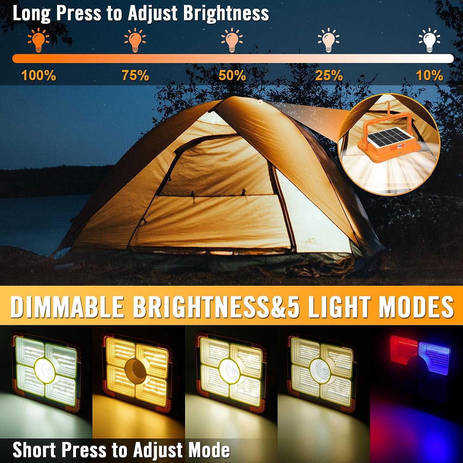 100W LED Solar Work Light, 466 LED 10000LM Magnetic Worklight with 5 Modes, 12000mAh Battary Rechargeable, IP66 Waterproof Portable Solar Power Outdoor Working Light for Emergency, Repair, Camping