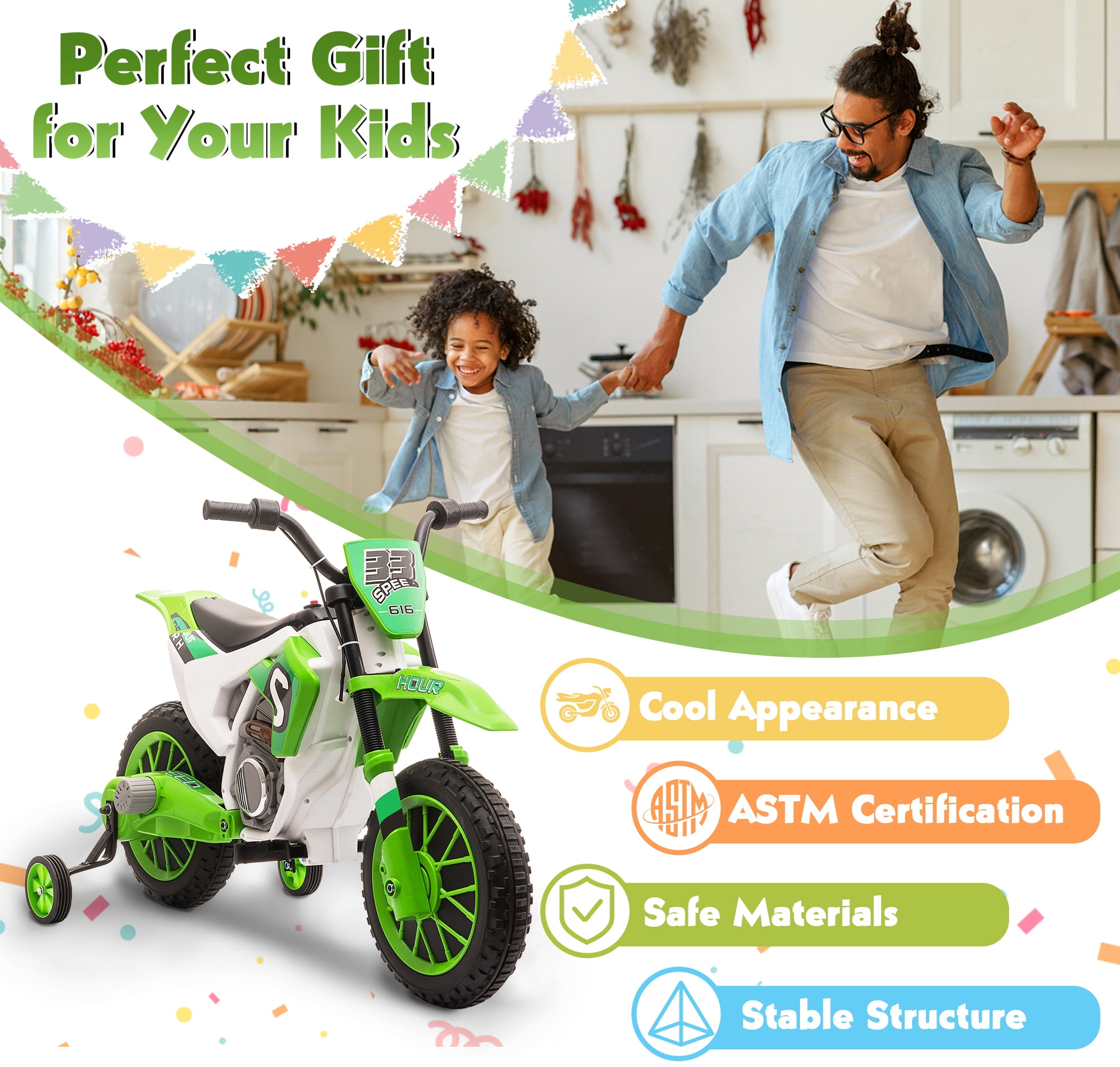 Jaxpety 12V Electric Ride on Motorbike Toy for Boy&Girl,w/Training Wheels,Age 3-6,Green