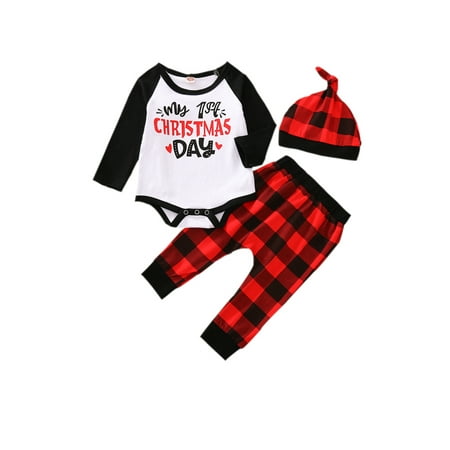 

Eyicmarn 3Pcs Baby Boy Girl Christmas Plaid Outfit Bodysuit Romper Pants Hat PJs