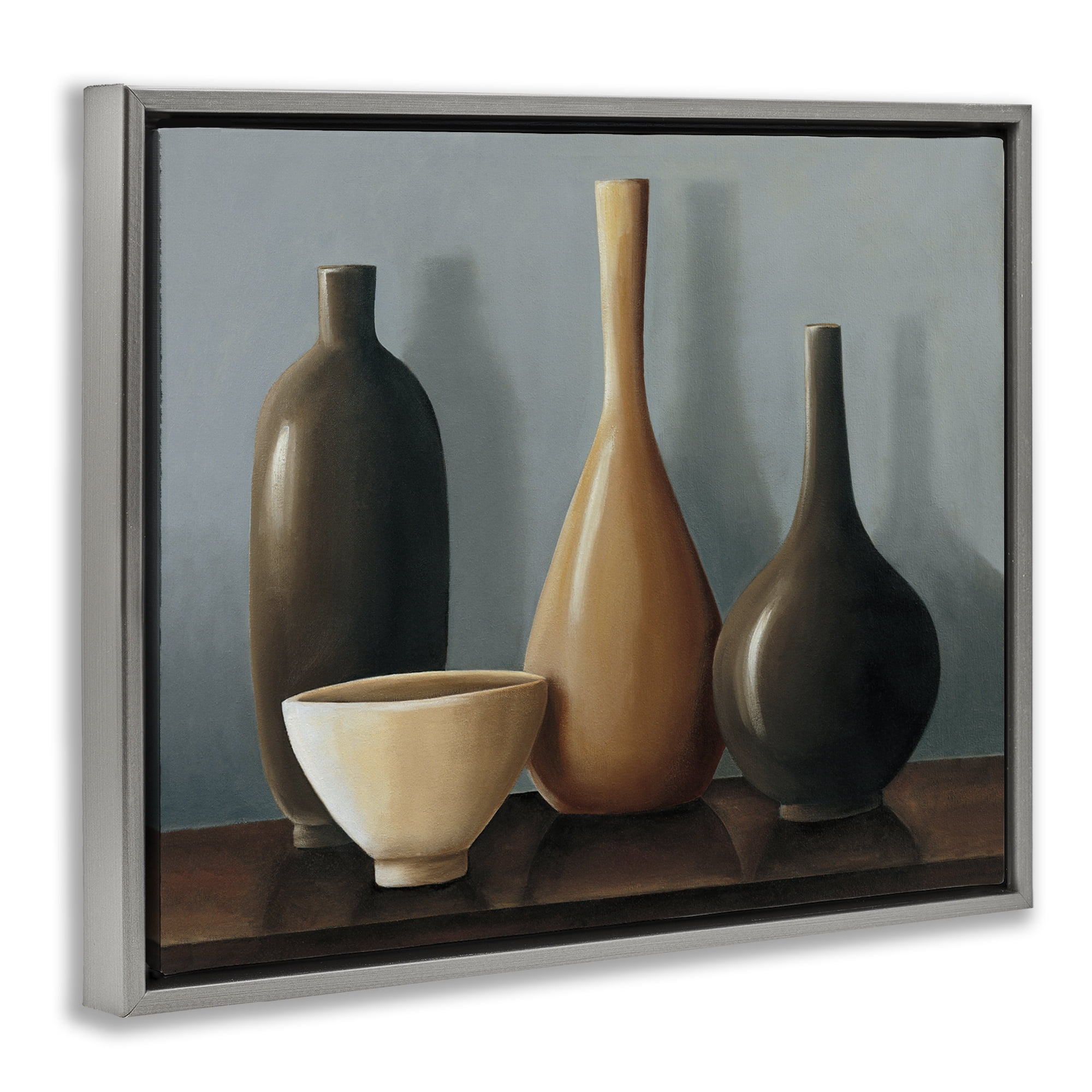 Stupell Industries Varried Pottery Still Life Furniture Painting Gray Floater Framed Canvas Art Print Wall Art, 21 x 17