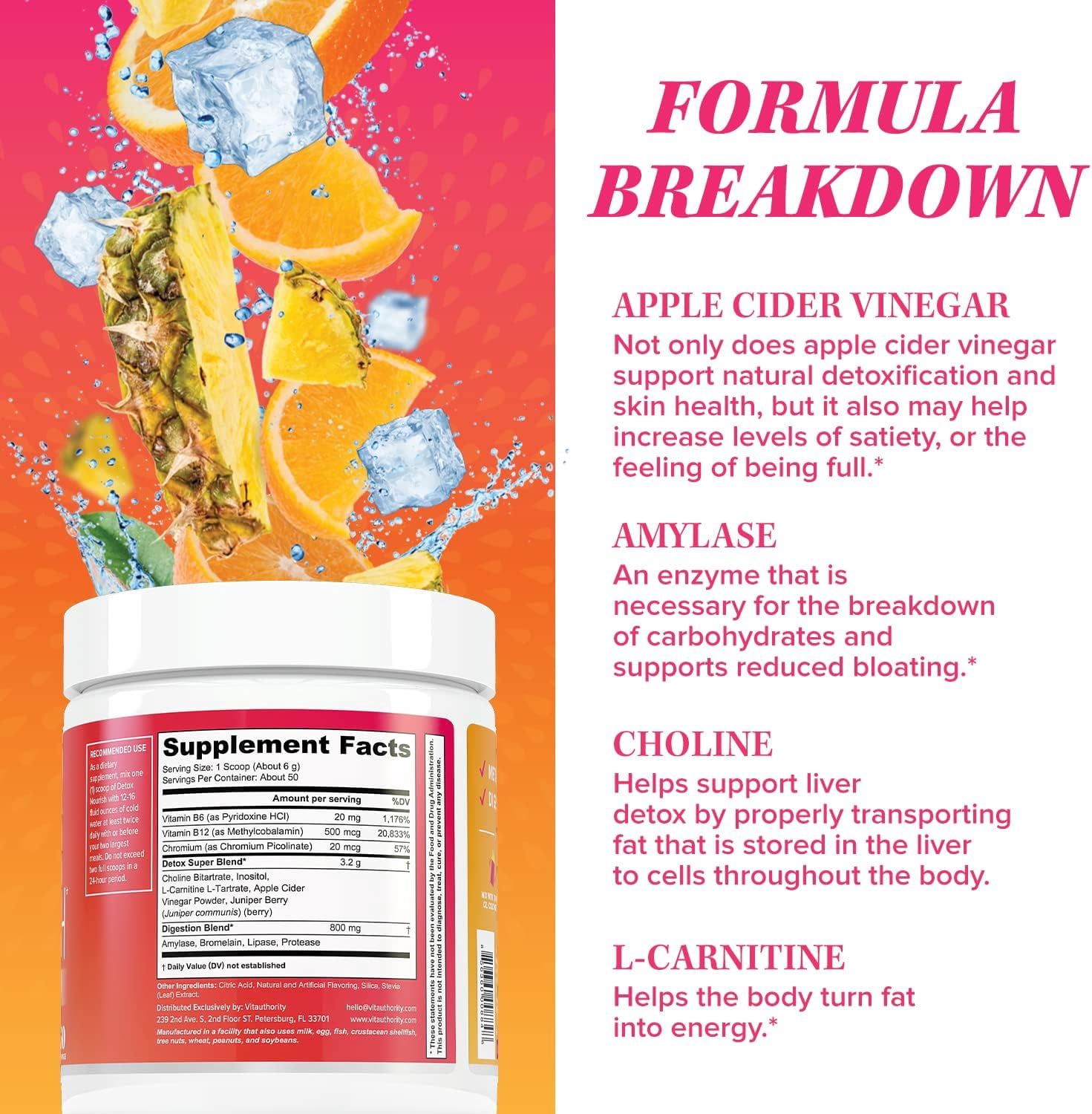 Vitauthority Detox Nourish Dietary Supplement Powder, Metabolism Support & Digestion Aid, Orange Pineapple, 10.9 oz