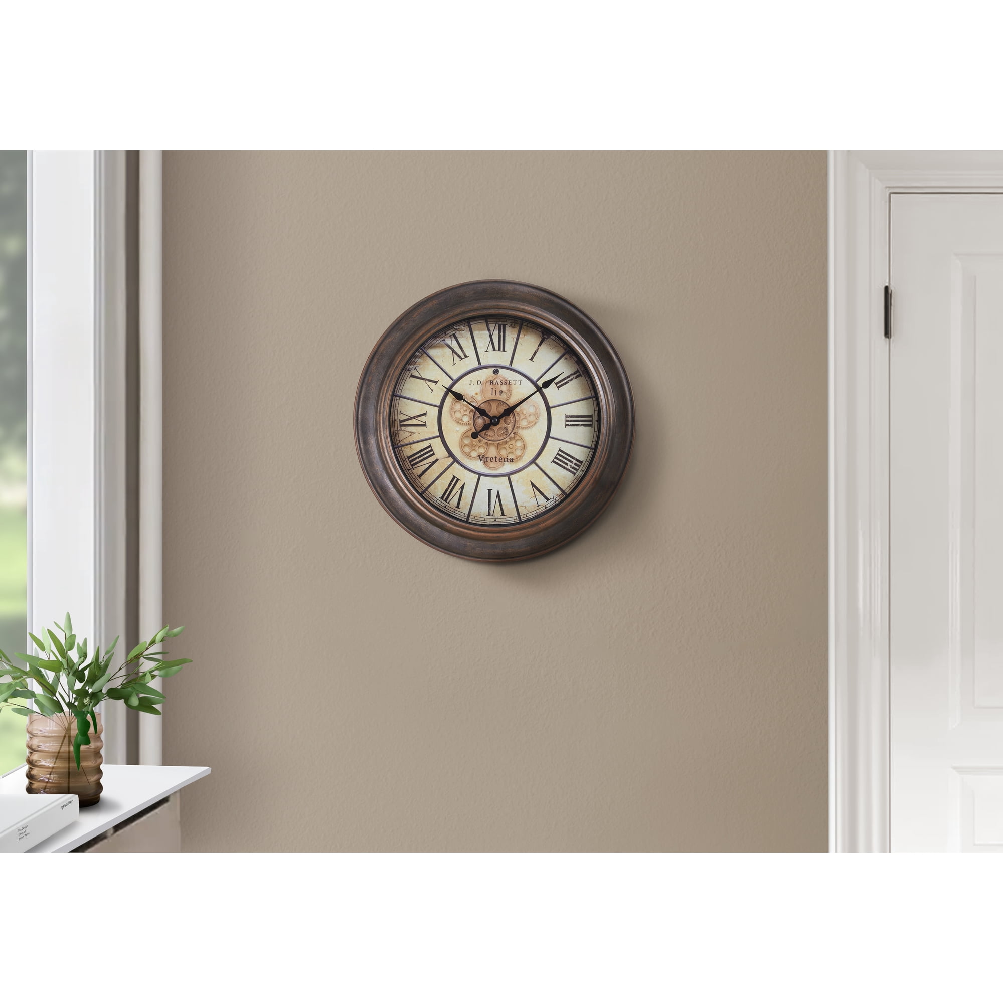 15 Inch Round Wall Clock, Antique Brown, Transitional Style, Silent Mechanism