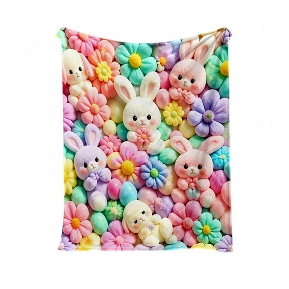 3D Floral Bunny Printed Flannel Fleece Blanket, Cute Soft Cozy Plush Throw Blanket for Sofa Bedroom Home Decor