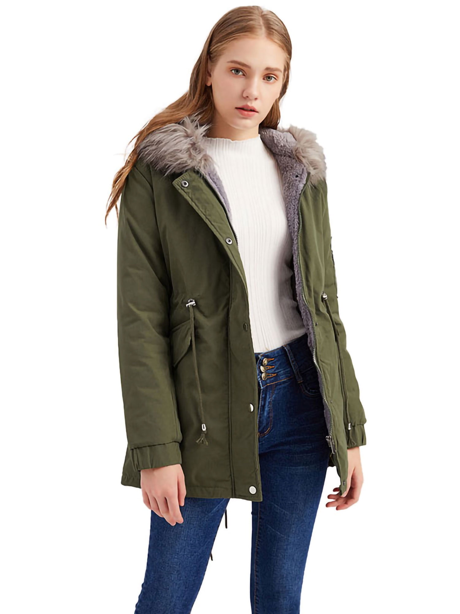 Baby Girl Army Green Fur Hooded Jacket Padded Long Coat Thick Warm Jacket Parka 