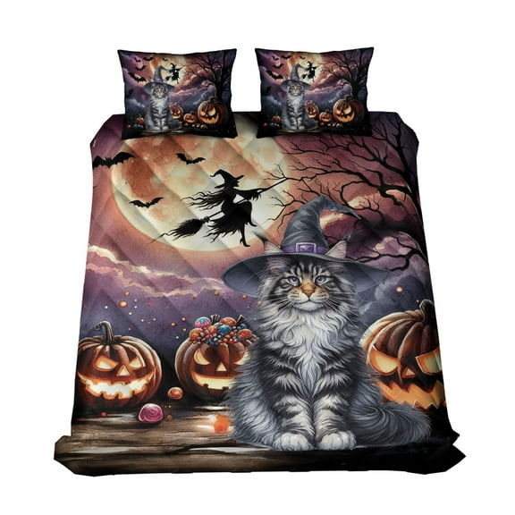 Spooky Halloween Night Witch Maine Coon Glowing Pumpkins Quilt Bedding Set Cat Lover Kitten Owner Gifts 1 Blanket Bed Cover 2 Pillowcases - 12015
