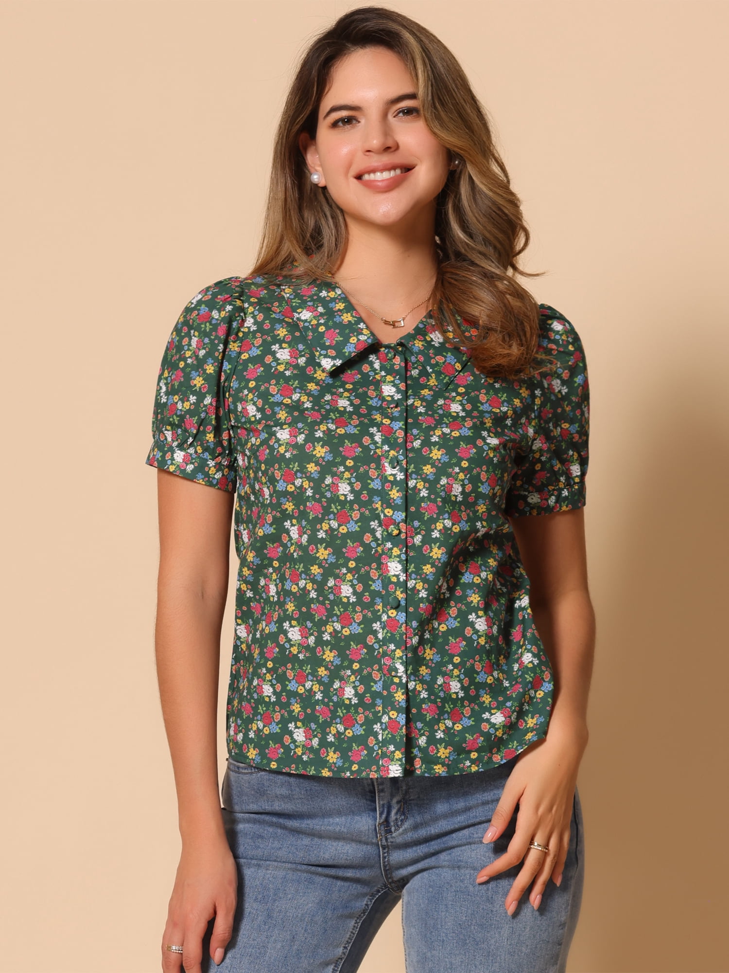 DARING DIVA Women's Turndown Collar Button Down Floral Blouse M Army Green