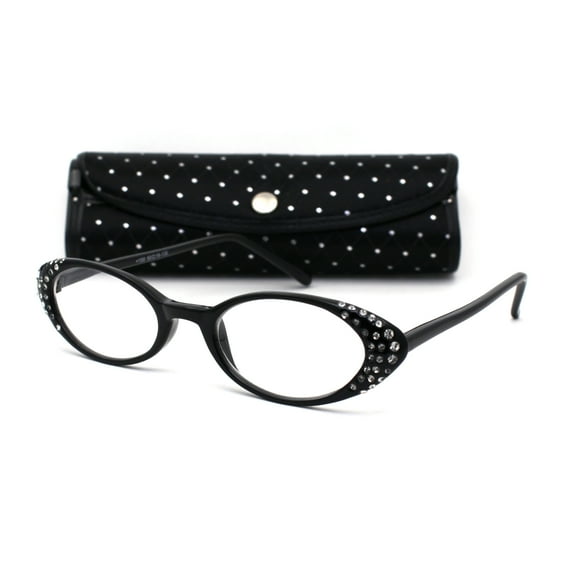 Womens Rhinestone Studded Oval Cat Eye Reading Glasses with Hard Case Black 1.0