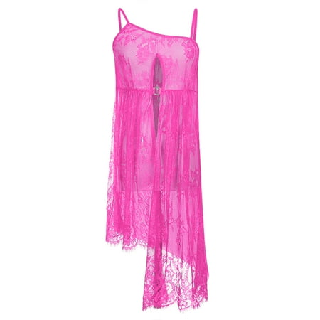 IROINNID Reduced Lingerie for Women Classy Babydoll Sexy Lingerie Lace Round Neck Tulle Hollowed Out Split Skirt Sexy Lingerie Hot Pink