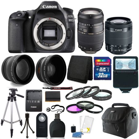 Canon EOS Rebel 80D 24.2MP DSLR Camera with 18-55mm + 70-300mm + 32GB Accessory (Best Flash For Canon 80d)