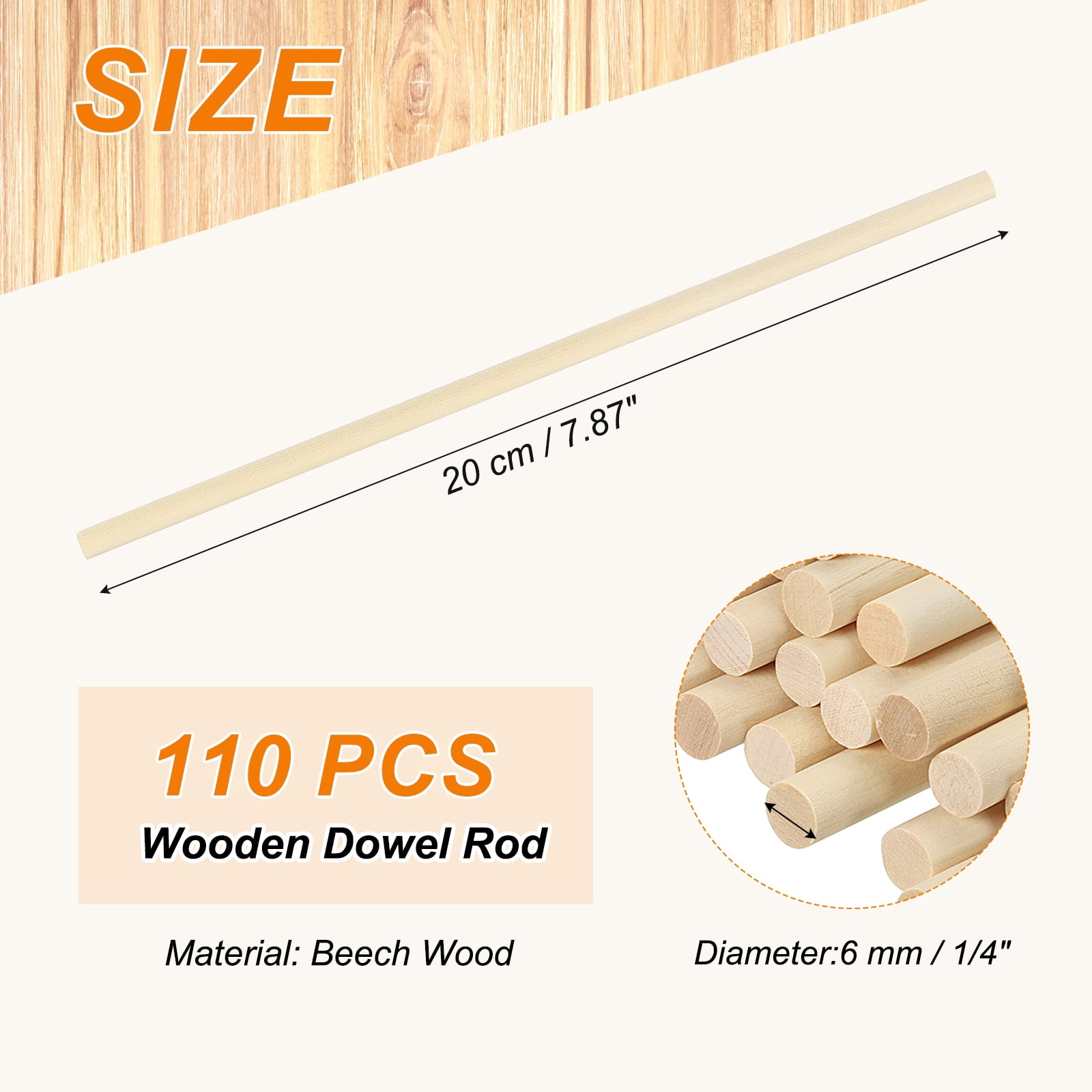 Uxcell Wooden Dowel Rod, Wood Dowels Unfinished Round Wood Sticks Hardwood Sticks for Craft Projects 1/4 x 8 Inch