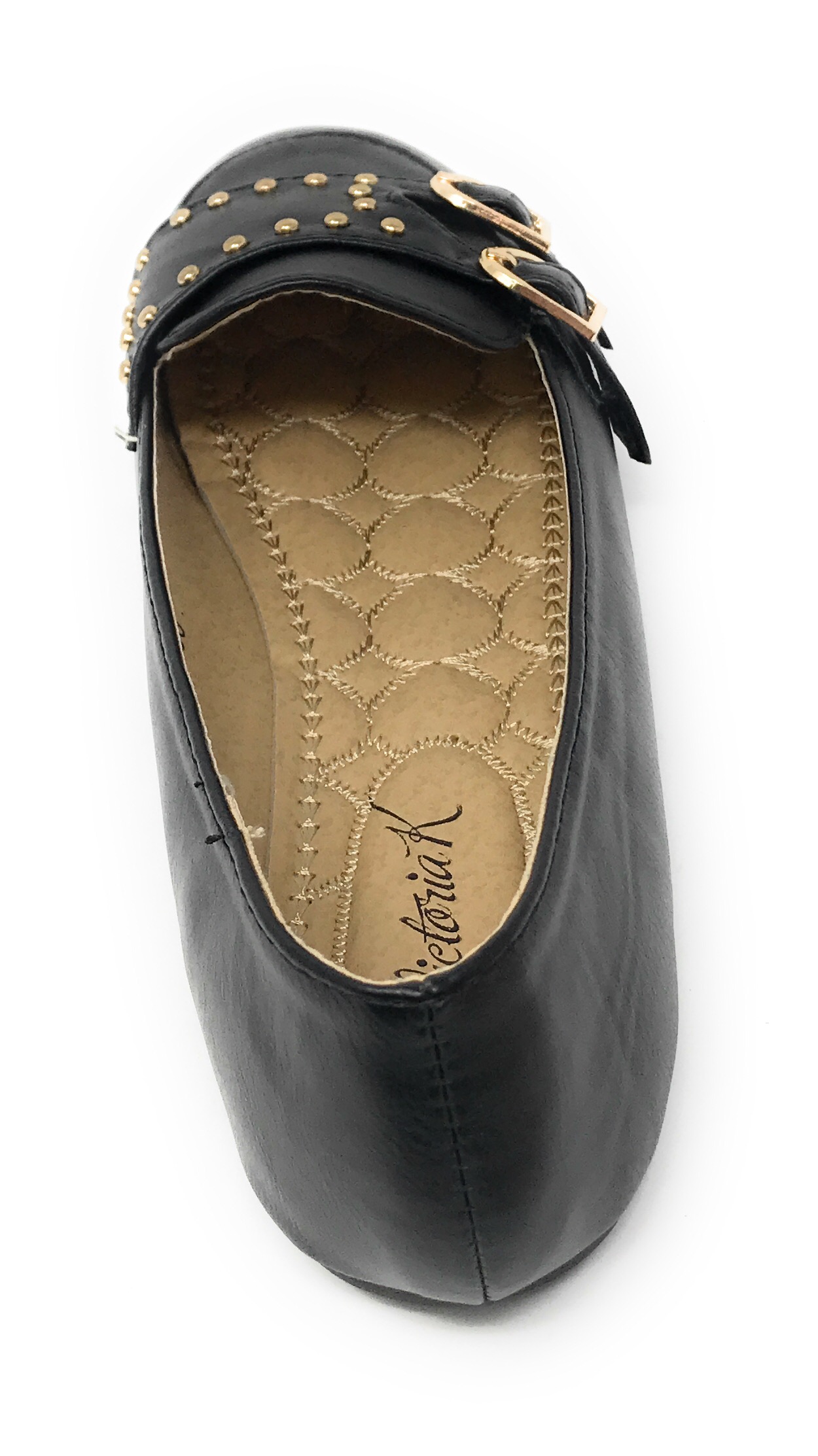 Victoria K Women's Double Buckles Gold Studs Ballerina Flats