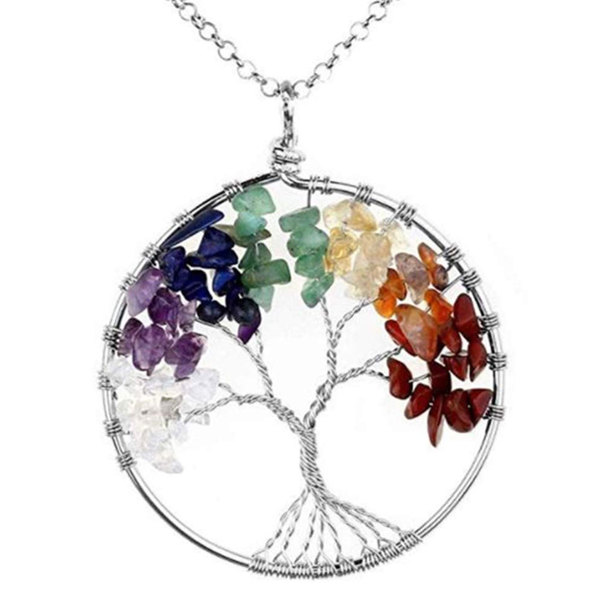 Tree of Life 7 Chakra Gemstone Silver Pendant  Black Cord Necklace Medallion