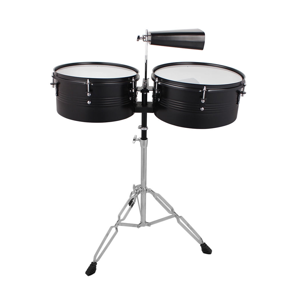 Kepooman Timbales Drum Set with Stand & Cowbell for Beginners Music Lovers, 13" * 14", Black
