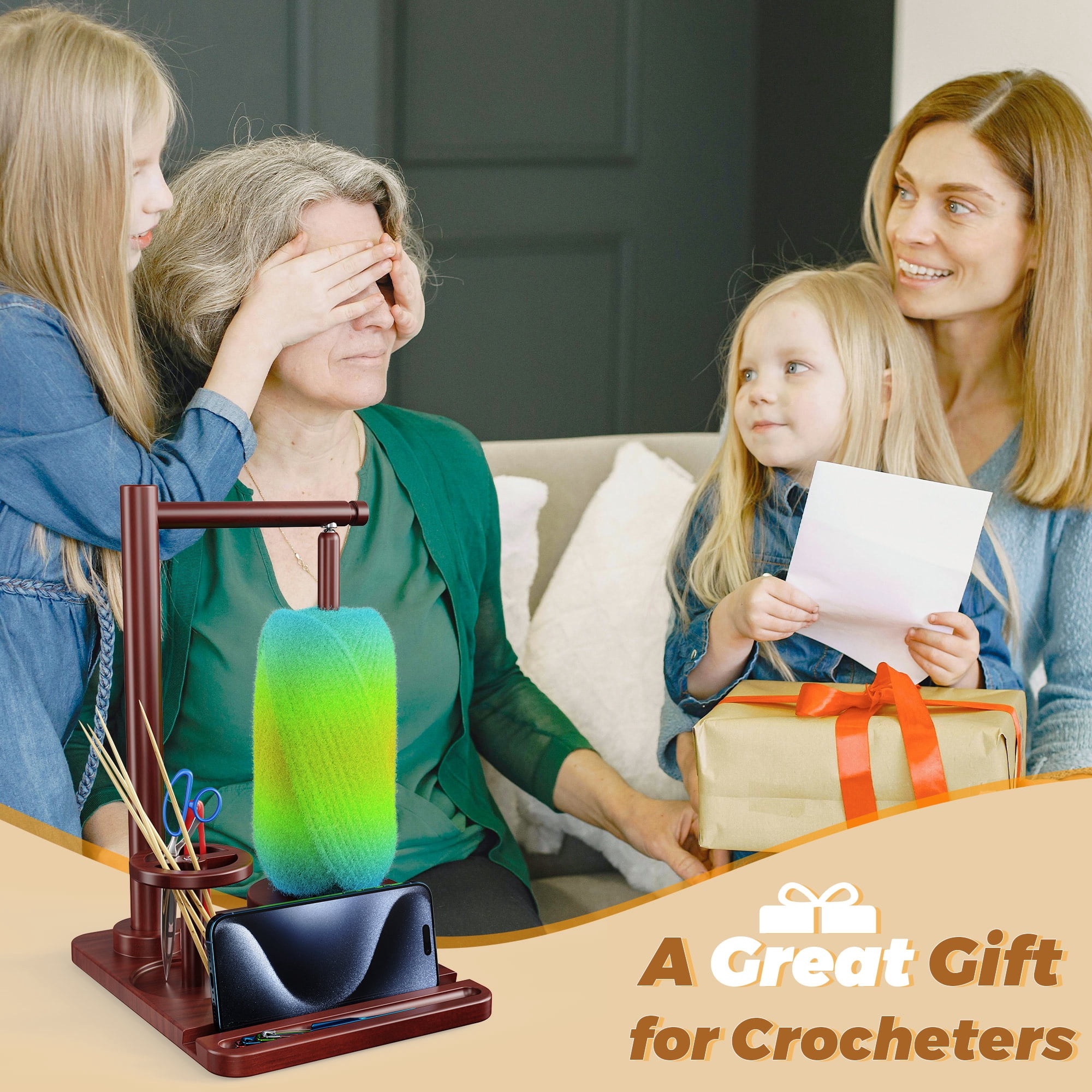 Wooden Yarn Holder for Crocheting and Knitting, Magnetic Crochet Yarn Holder Spinner with Phone Stand and Crochet Accessories Storage, Yarn Ball Winder for Crocheters Knitting Lovers