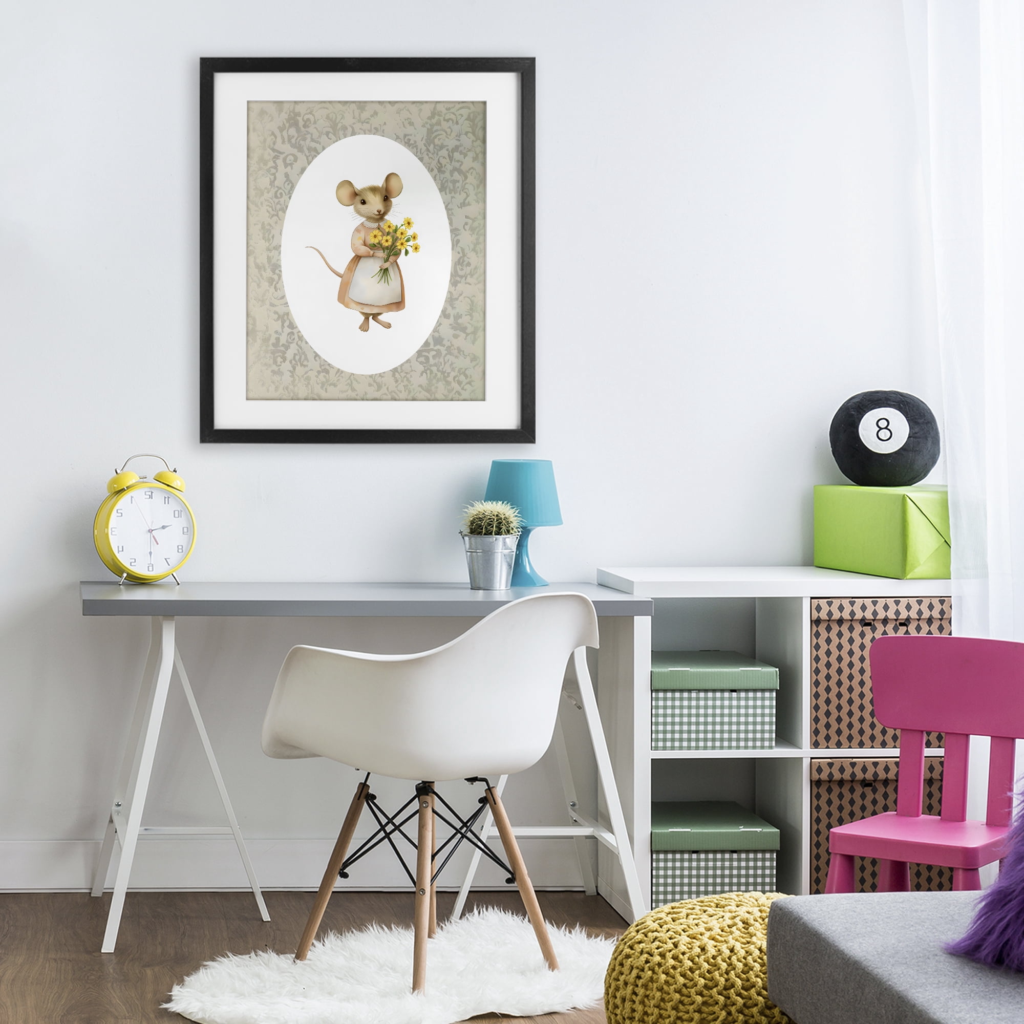 Stupell Industries Little Mouse with Flowers Black Framed Print Under Glass, design by Arlington Prints