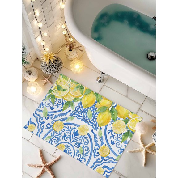 Doormat Summer Lemon Front Door Mat Non Slip Absorbent Low Profile Floor Mat Fruit Blue Flower Pattern Welcome Mats Entryway Rug for Entrance Kitchen Porch Indoor Outdoor Home Decor 16"x24"