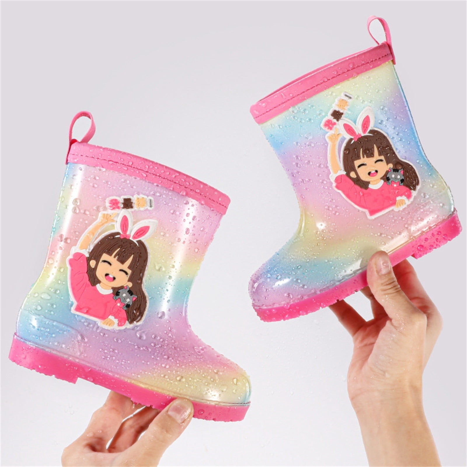 Toddler Girl Rain Boots Waterproof Cute Patterns Kids Rubber Boots with Easy on Handles A 4.5-5 Years