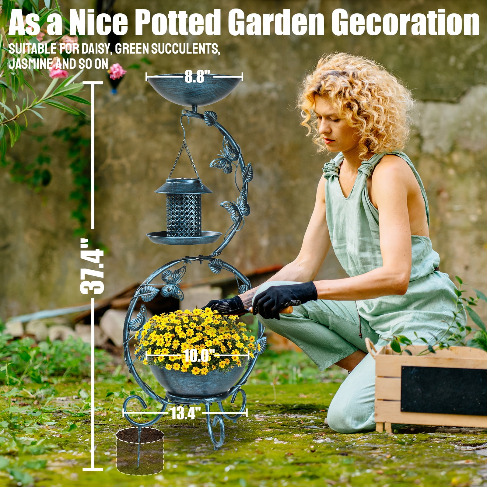 Xilee Metal Birdbath with Flower Planter Pedestal and Solar Bird Feeders Combo for Outdoor,37.8 inch  Metal Bird Baths for Outdoors, Decorative  with Butterfly for Outside Garden Yard, Weather Resist