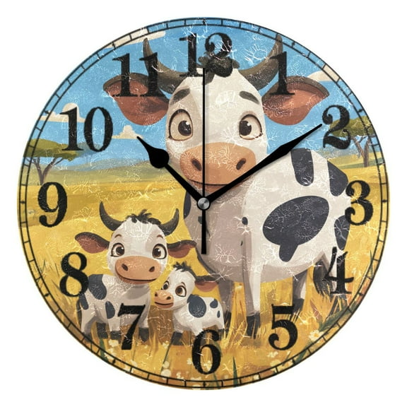 Cute Cow on Grassland Silent Wall Clock 10" Non-Ticking Battery Clock