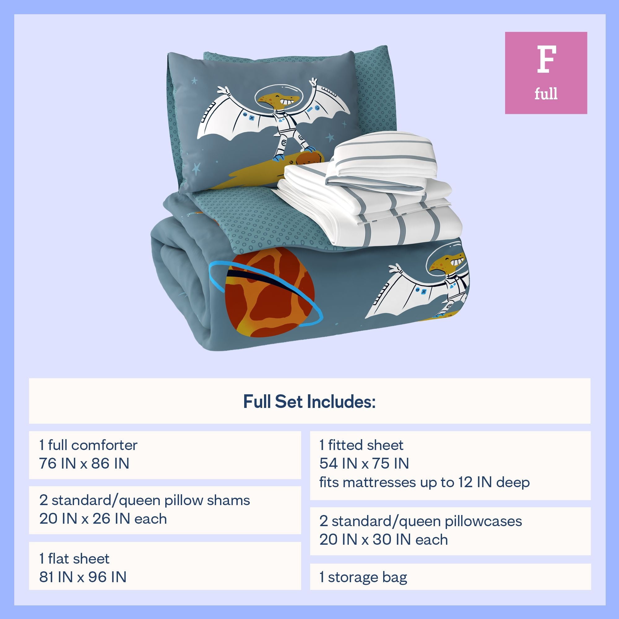 Mainstays Kids Glow in the Dark Space Dino Reversible Comforter Set with Sheets, Full, 7 Pieces