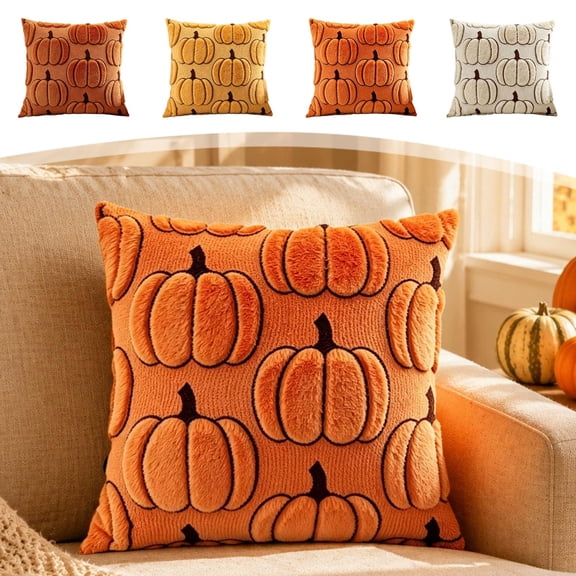 Fall Pillow Covers 18x18 Thanksgiving Pumpkin Embroidered Velvet Couch Decor by OVFUIZ