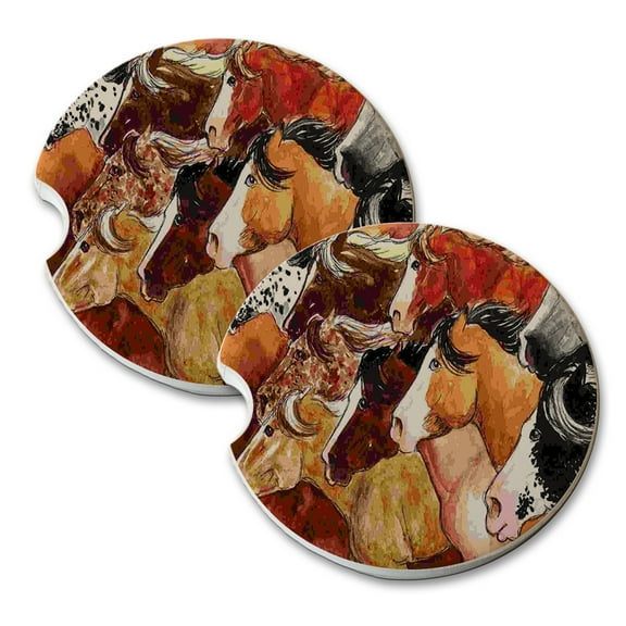 KuzmarK Sandstone Car Drink Coaster (set of 2) - Colorful Mustangs Wild Horse Art by Denise Every