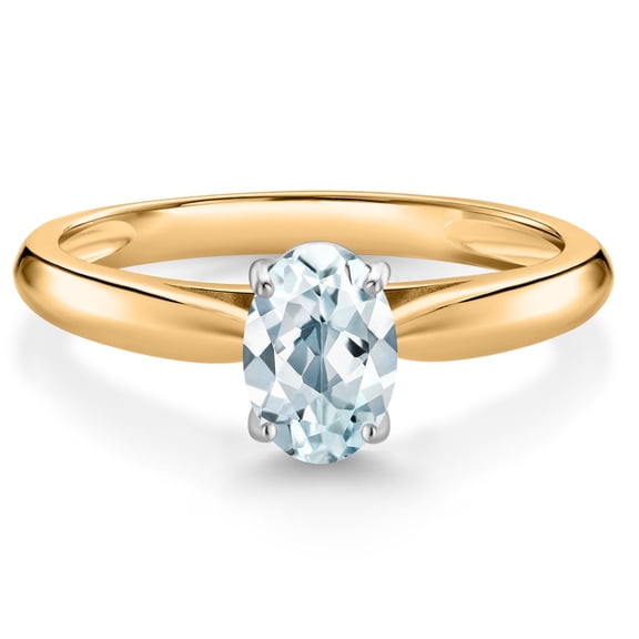Gem Stone King 10K Yellow Gold Sky Blue Aquamarine Solitaire Engagement Ring for Women (0.75 Cttw, Oval 7X5MM, Gemstone March Birthstone, Size 6)