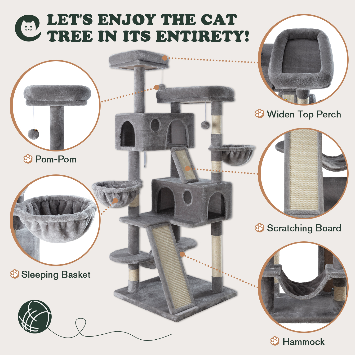 Amolife 65.7" Large Cat Tree with Hammock and Scratching Posts, Gray photo 6