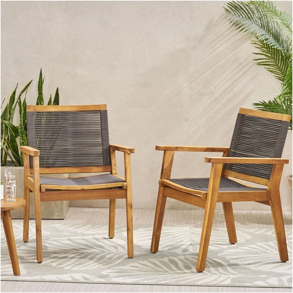 JERFIT Acacia Wood Outdoor Dining Chairs (Set of 2) Dark Grey 400lb Capacity, All-Weather Rope Weave Patio Side Chairs for Garden, Porch, Pool