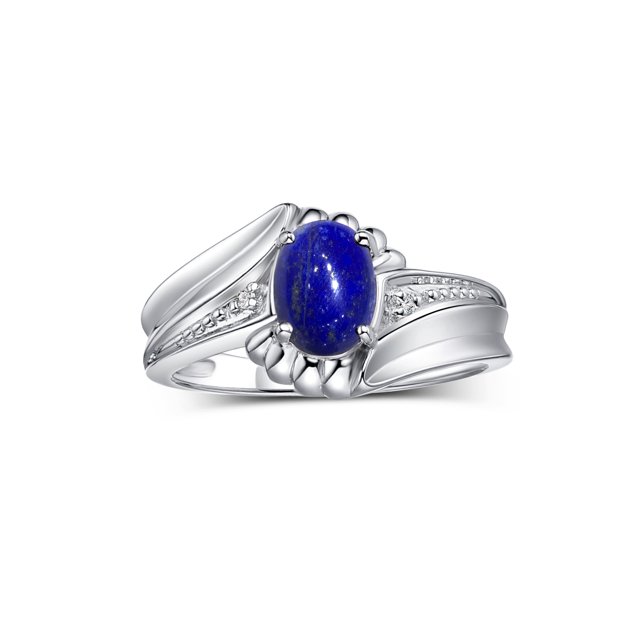 RYLOS Rings for Women 14K White Gold Swirl Z Ring 7X5MM Oval Gemstone & Diamond Rings September Lapis Lazuli Jewelry Size 5