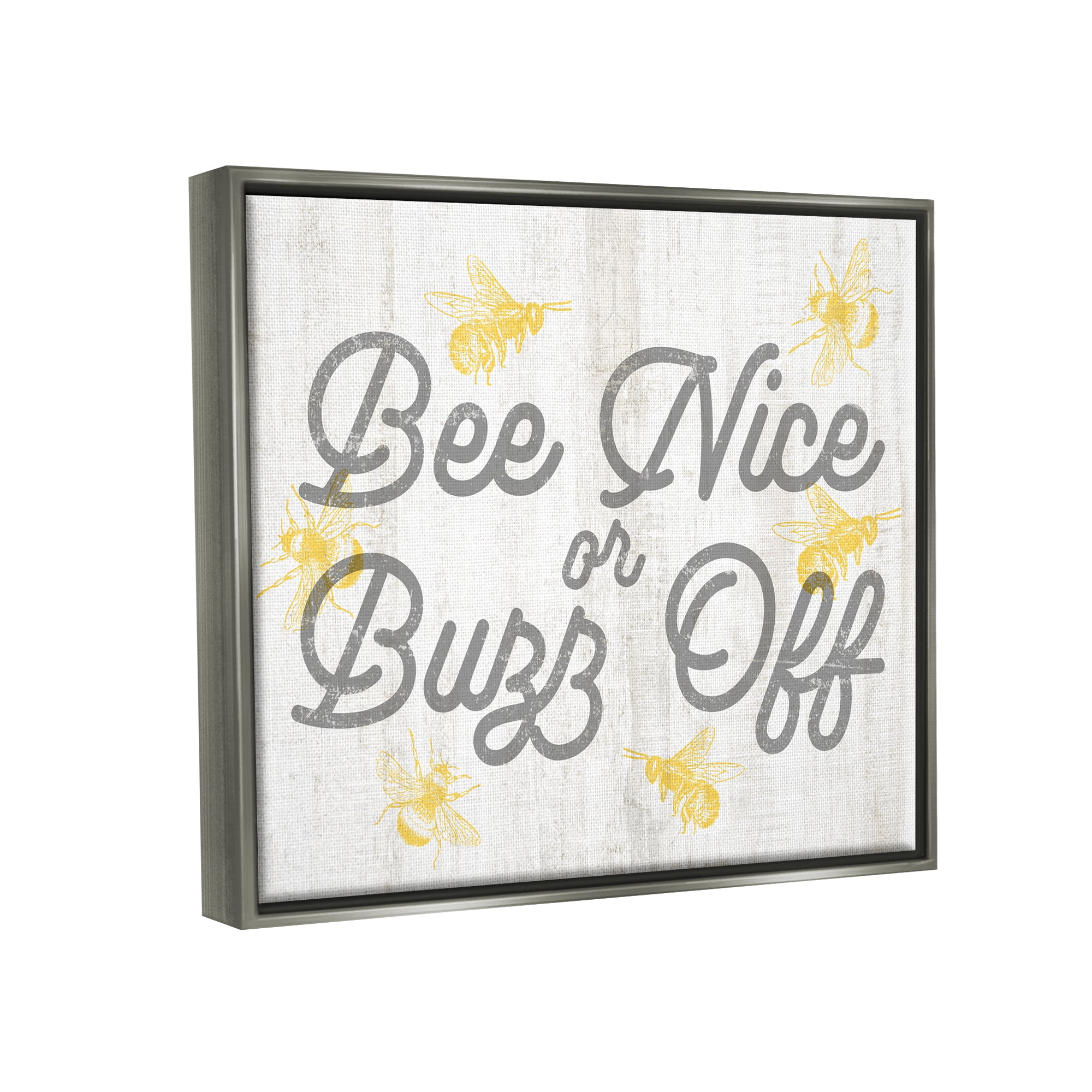 Stupell Industries Bee Nice or Buzz Off Phrase Animals & Insects Painting Gray Floater Framed Art Print Wall Art, 31 x 25