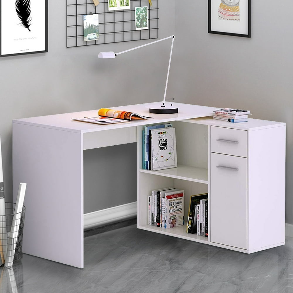 180° Rotating Computer Desk with 2 Shelves Bookshelf, LShaped Corner