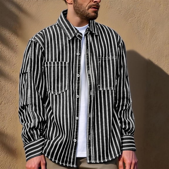 Maqroz Men's Striped Denim Shirt Jacket Long Sleeve Button Up Casual Jean Shirt Vintage Oversized Shacket Tops with Double Pocket